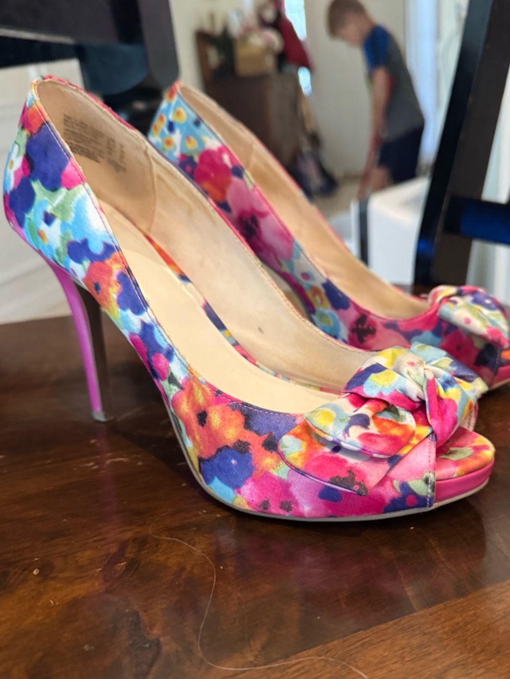 FIONI Clothing Multicolor Floral Peep-Toe Knot Heels